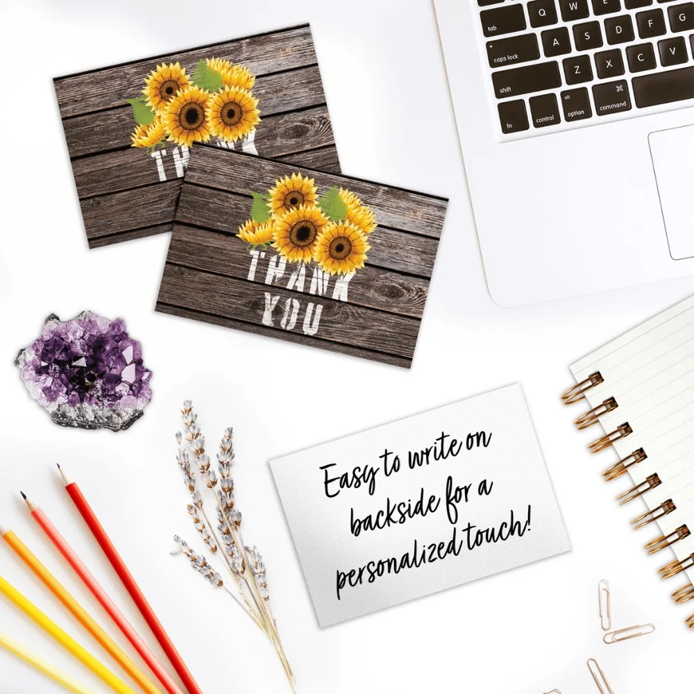 50 Pack Thank you Cards Sunflowers Insert Cards 4x6 & Stickers
